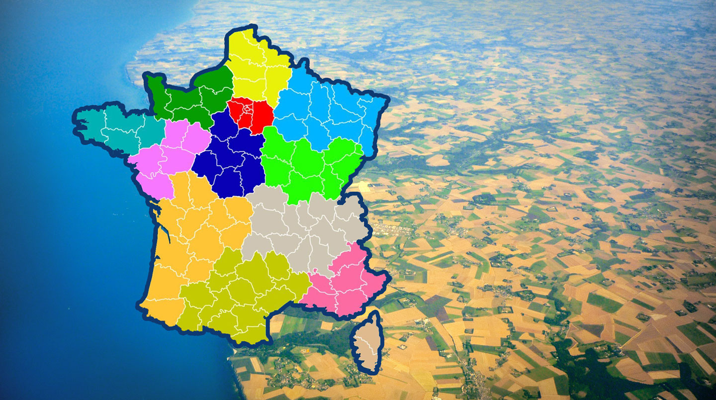 Illustration 3D isométrique d'une carte de France stylisée avec trois colonnes de hauteurs différentes symbolisant les dynamiques régionales du marché immobilier.