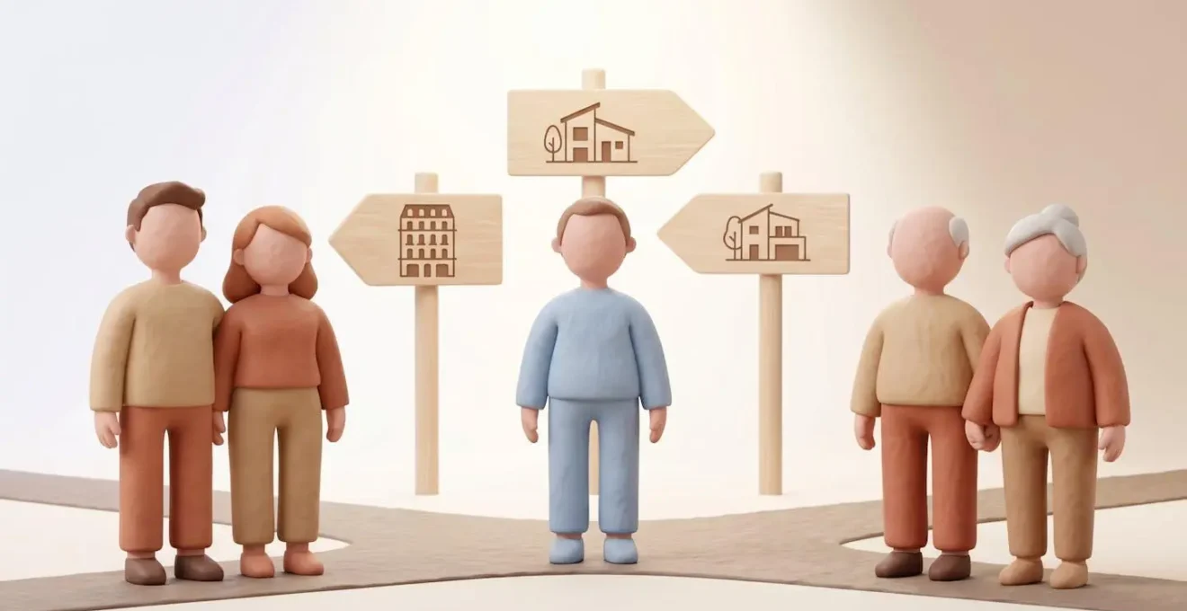 Illustration 3D de trois profils d'acheteurs stylisés face à un carrefour symbolisant leurs choix immobiliers différents.