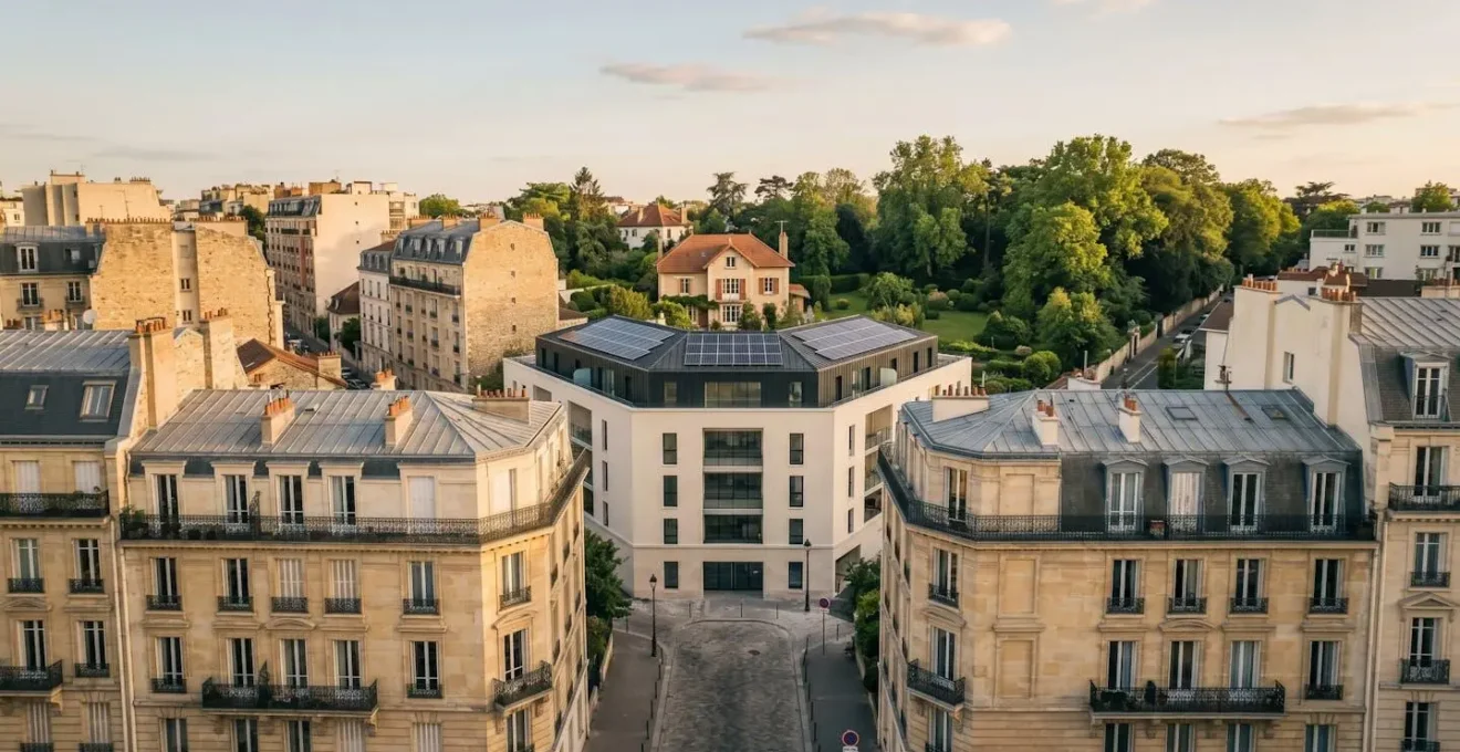 Vue aérienne d'un quartier résidentiel français diversifié avec immeuble haussmannien, résidence neuve et maison individuelle, baigné de lumière dorée.