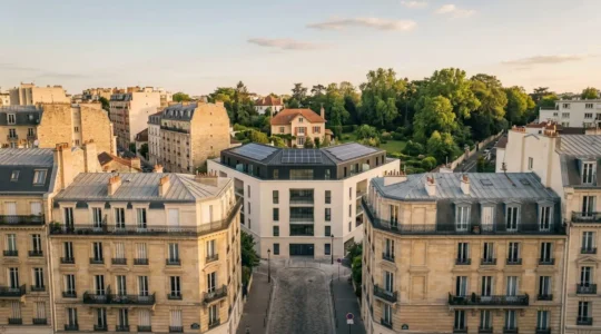 Vue aérienne d'un quartier résidentiel français diversifié avec immeuble haussmannien, résidence neuve et maison individuelle, baigné de lumière dorée.